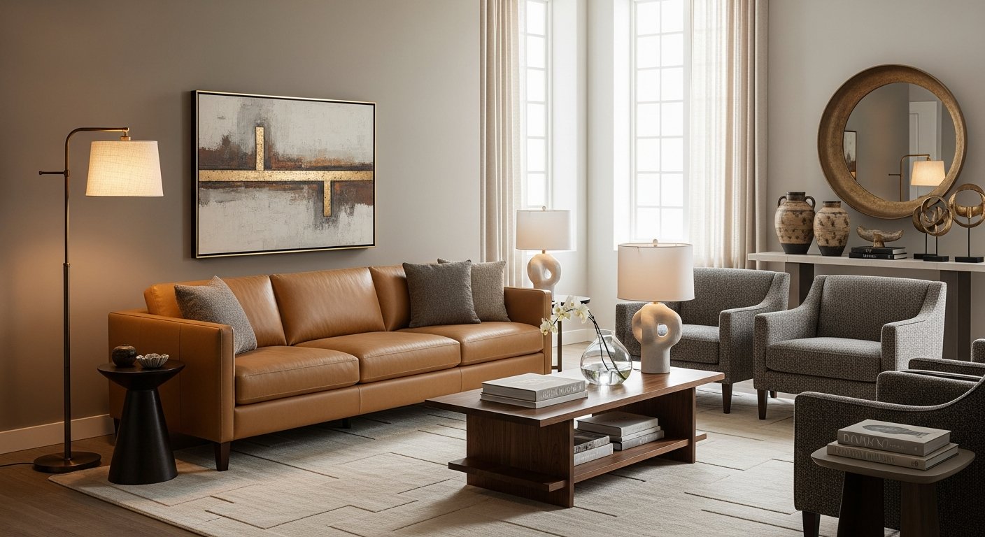 Sofá de couro elegante em sala moderna com iluminação sofisticada