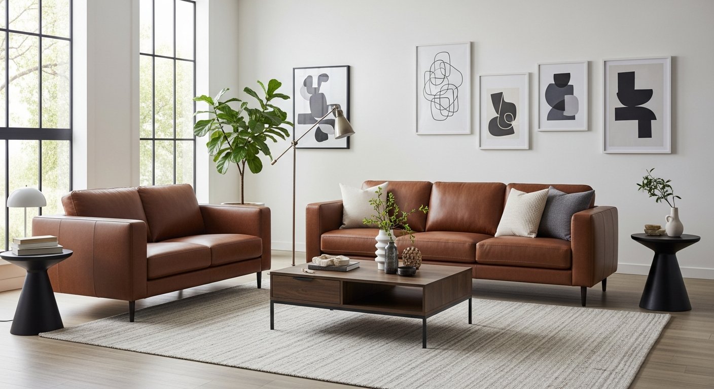 Sala contemporânea com sofá de couro marrom e decoração minimalista