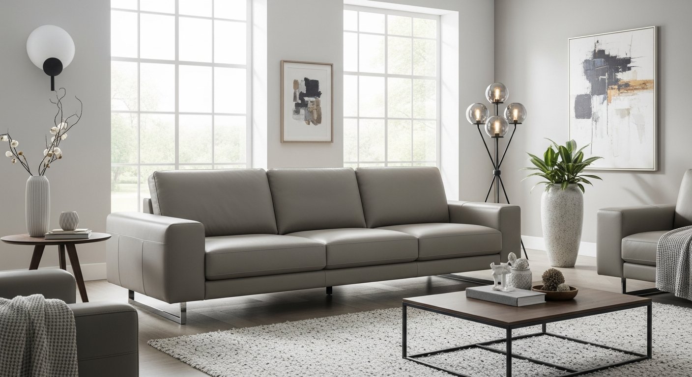 Sofá de couro moderno em tom neutro com linhas contemporâneas