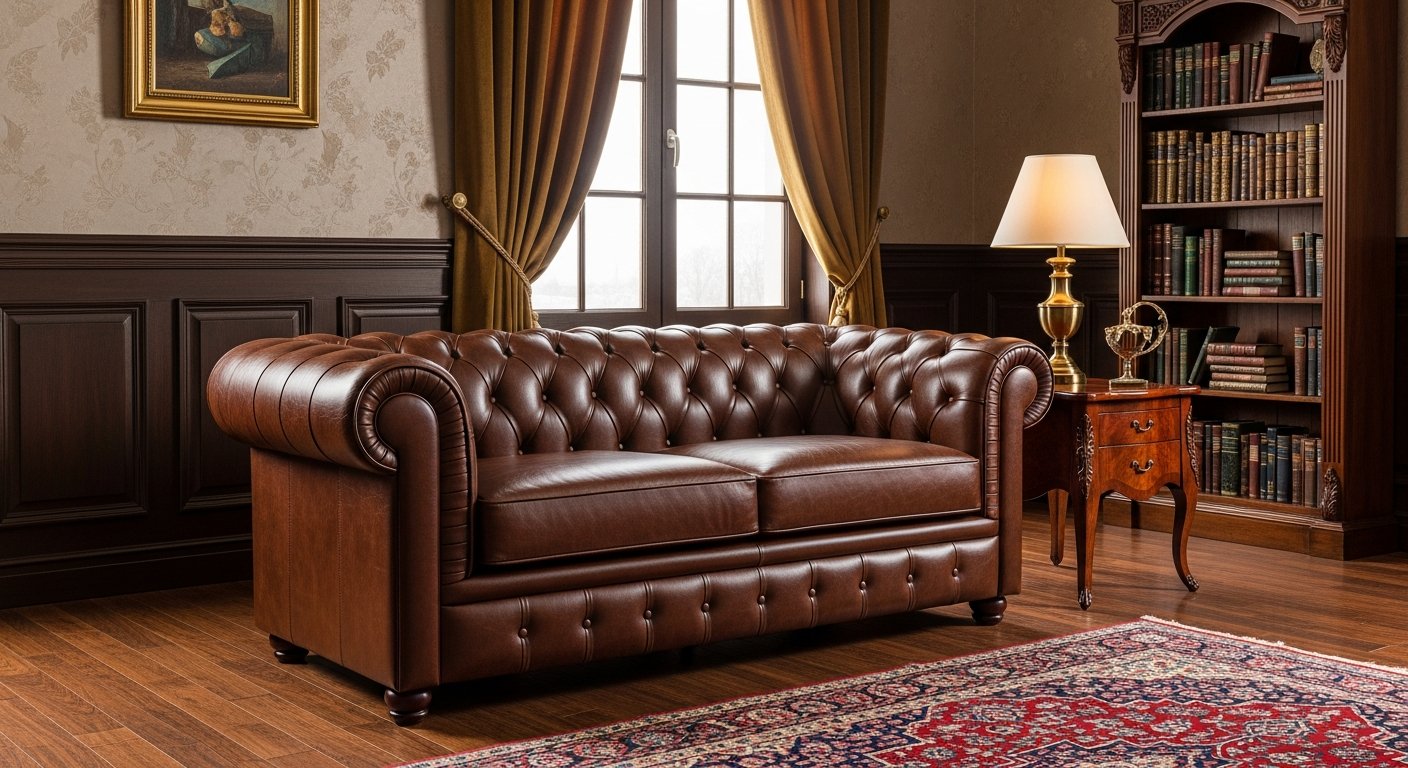Sofá Chesterfield de couro com capitonê tradicional em ambiente elegante
