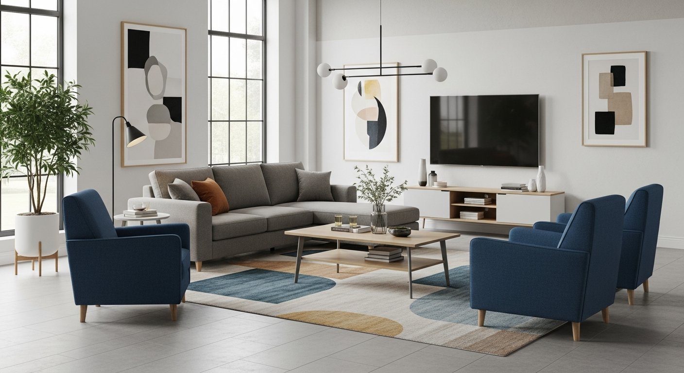 Sala com sofá de couro posicionado adequadamente mostrando espaçamento correto