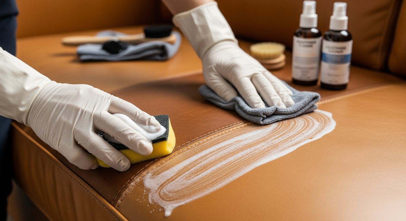 Limpeza profissional de sofá de couro com produtos específicos
