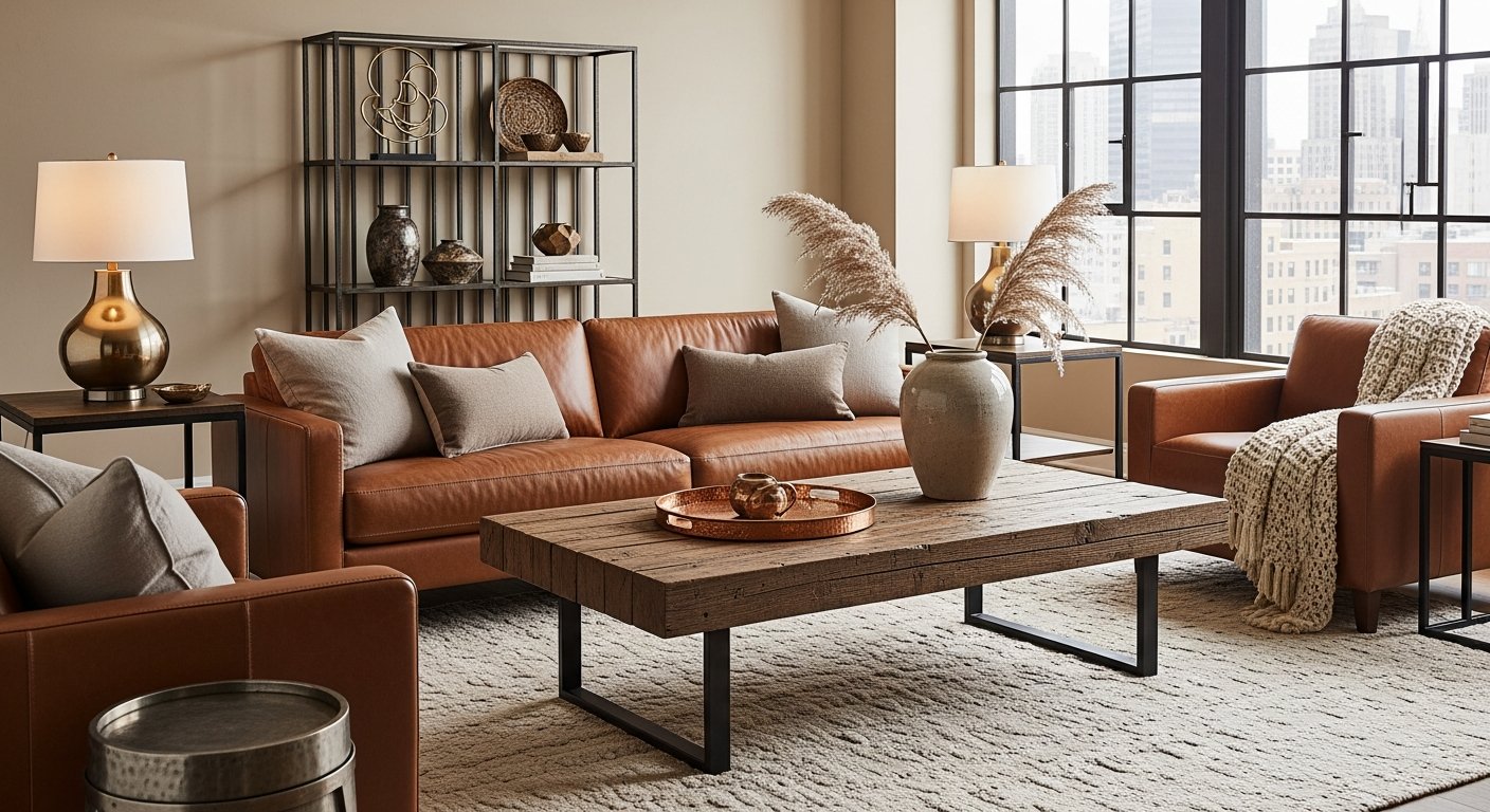 Sala com sofá de couro combinado com mesa de madeira e acentos metálicos