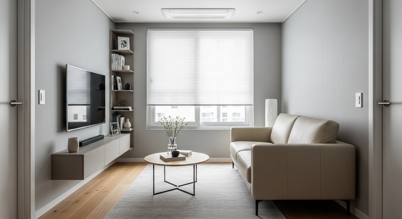 Sala compacta com sofá de couro claro otimizando o espaço disponível