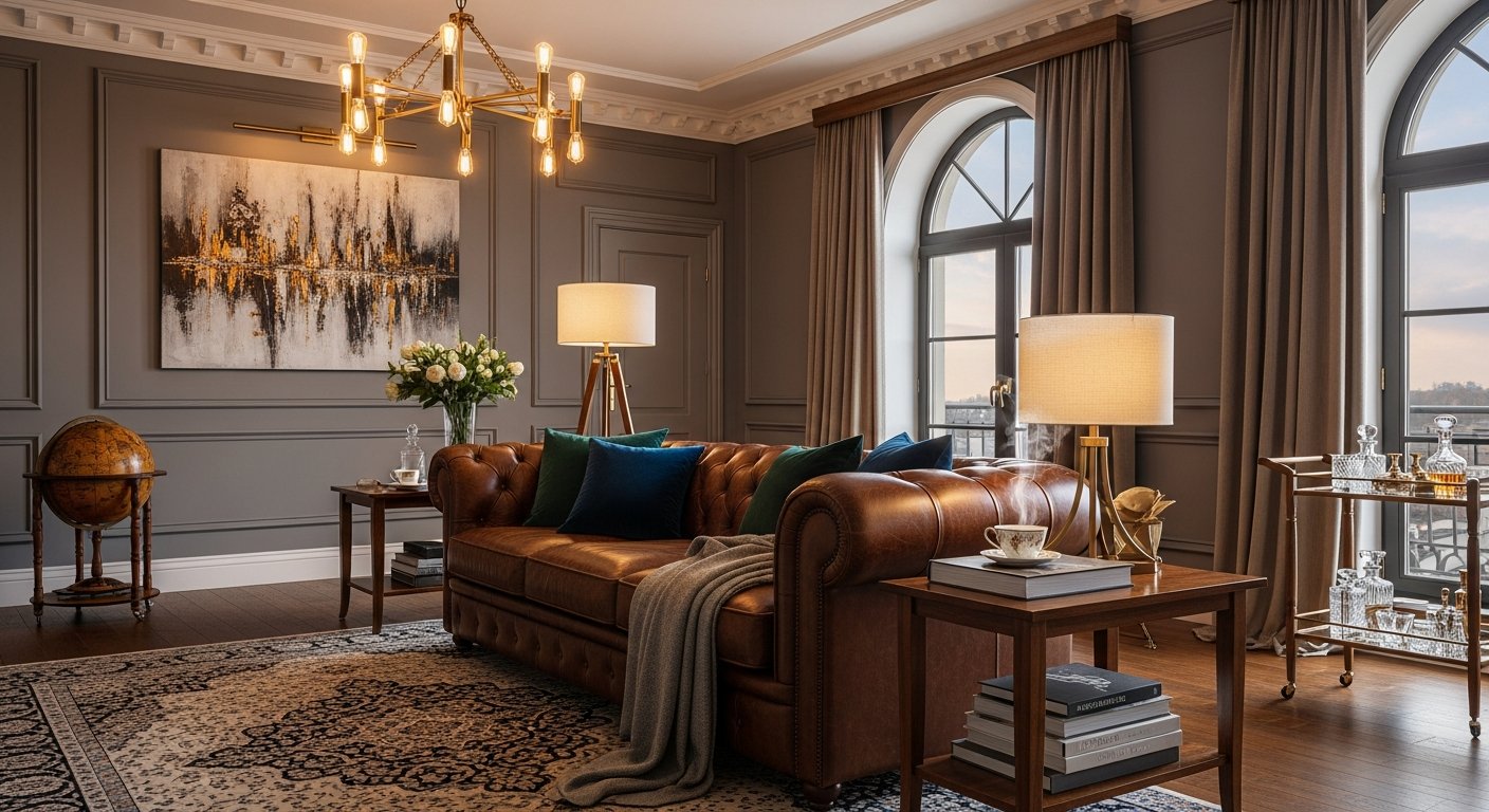 Sofá de couro clássico em sala de estar elegante