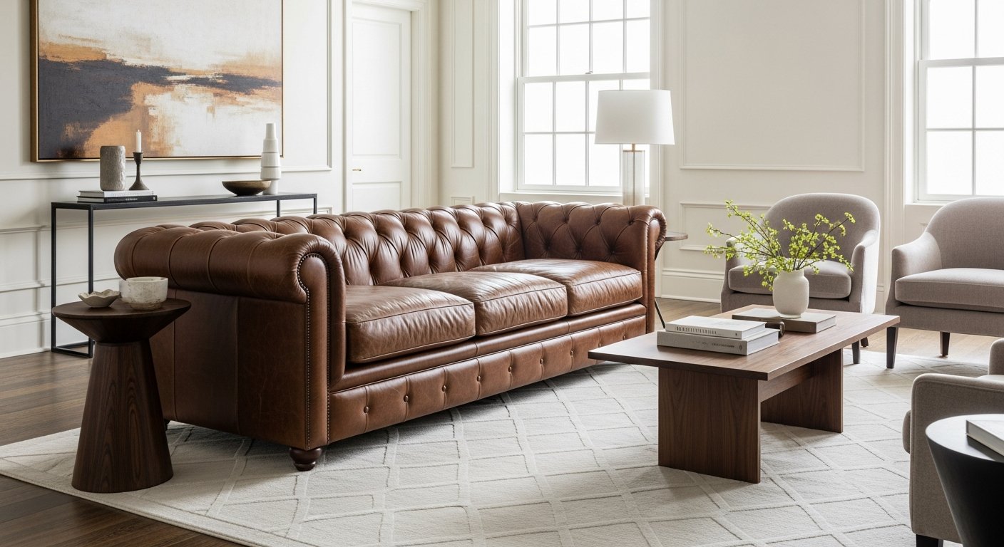 Sofá de couro elegante em sala de estar sofisticada