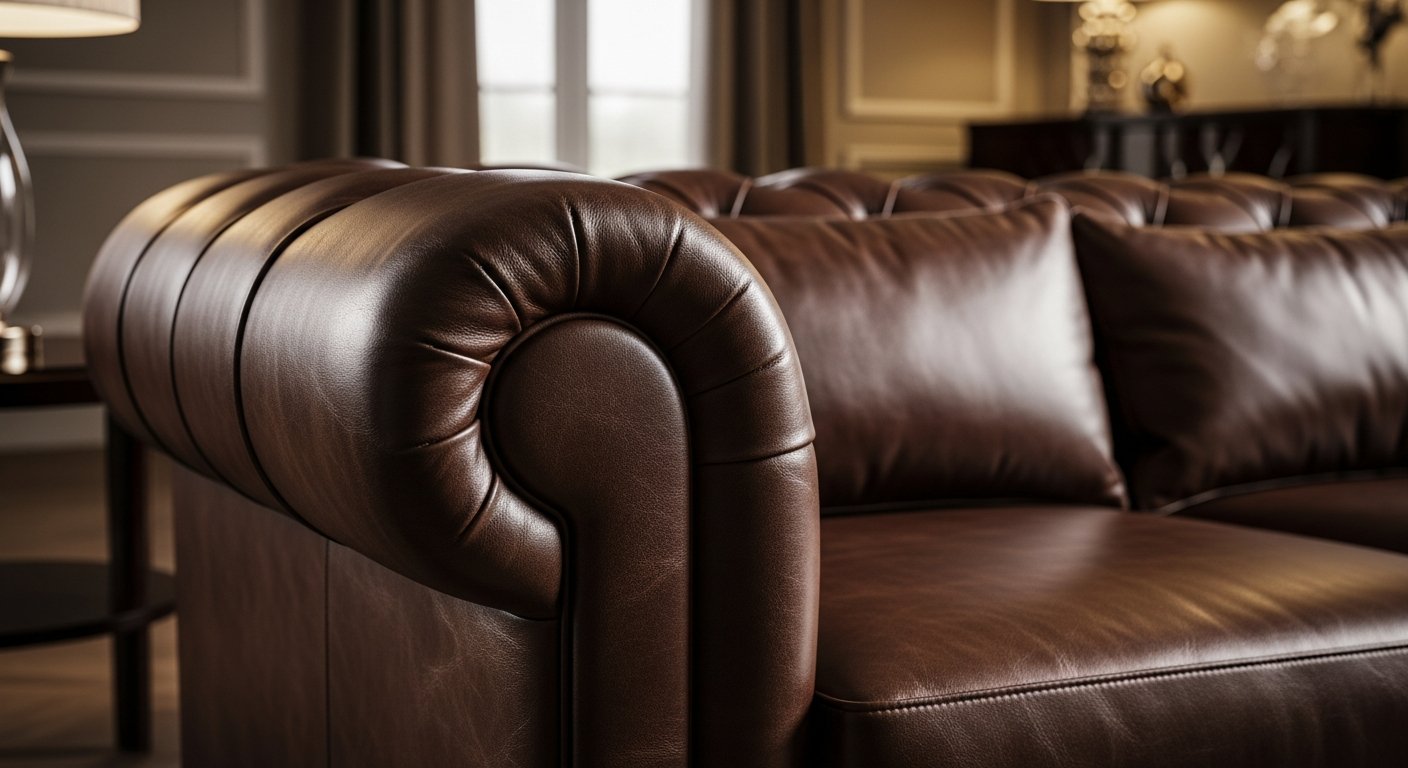 Detalhe de sofá de couro premium mostrando textura natural