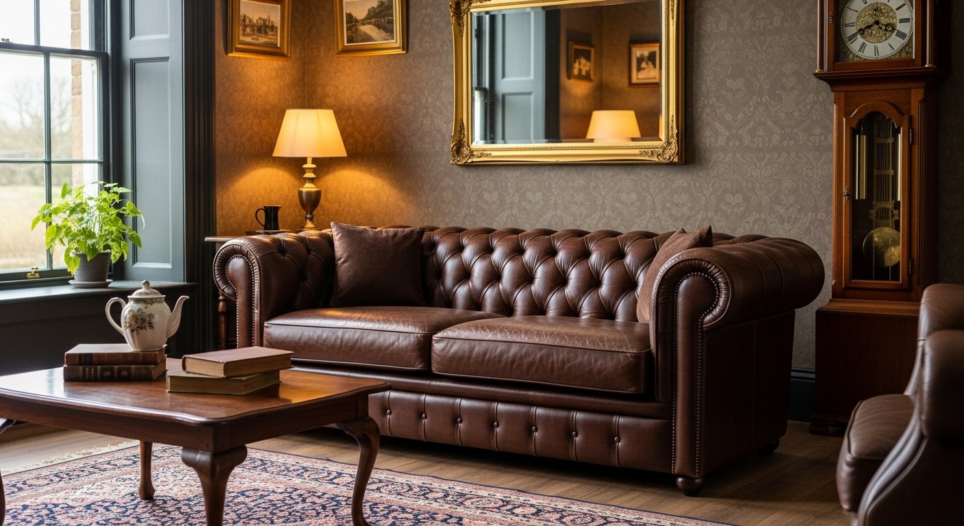 Sofá Chesterfield clássico com acabamento capitonê