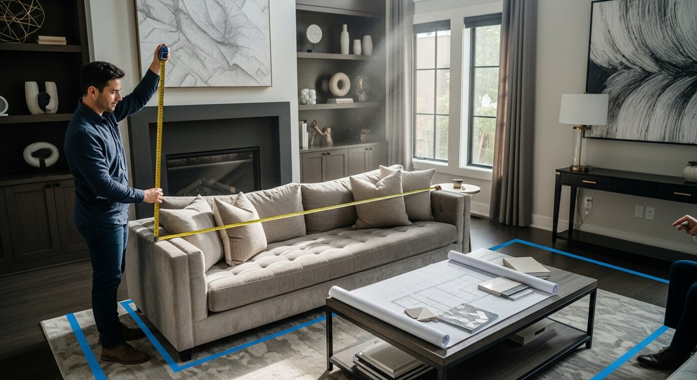 Planejamento de proporções de sofá em sala de estar