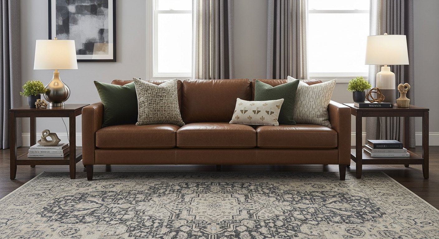 Sala decorada com sofá de couro e acessórios coordenados