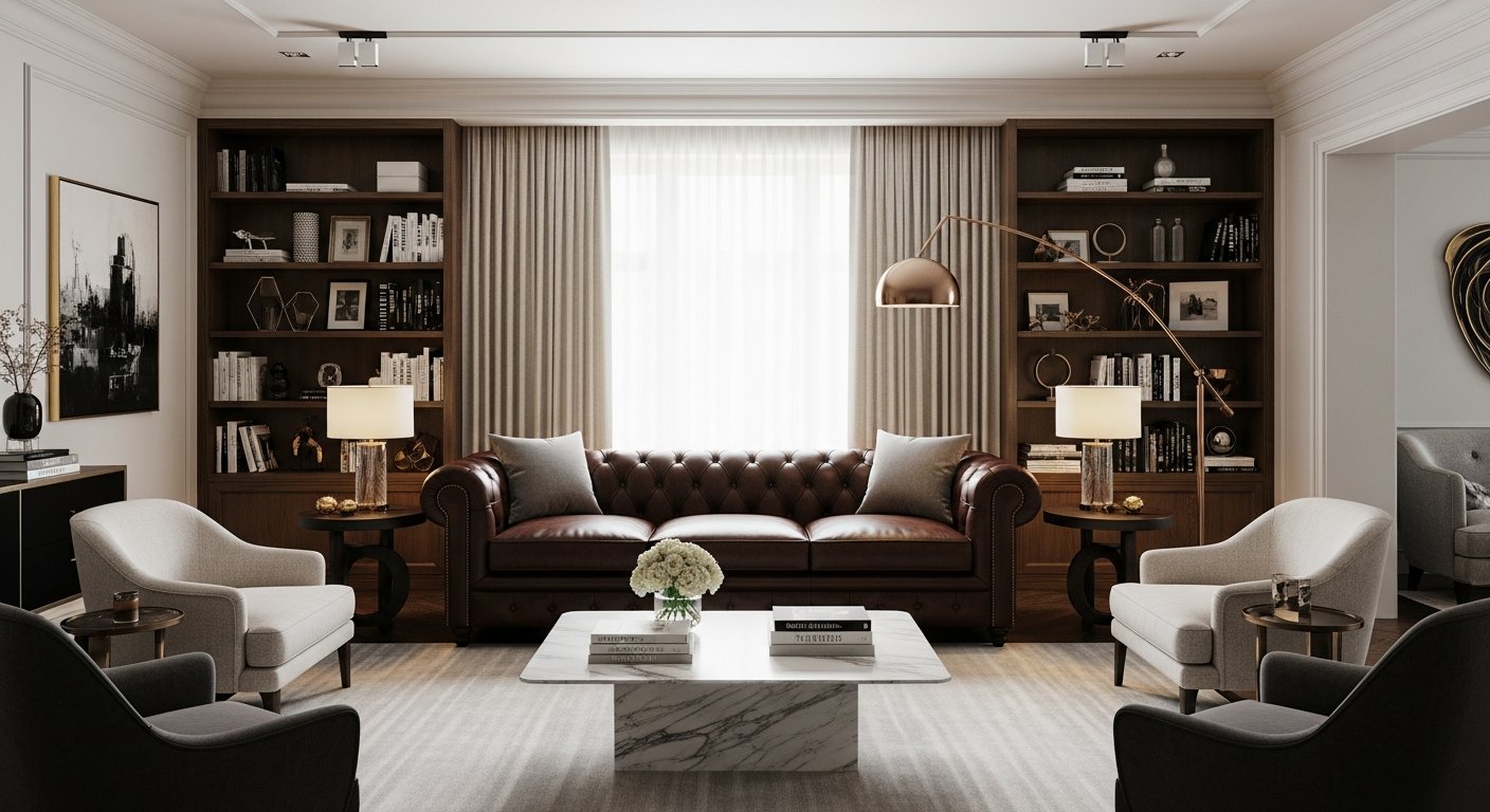 Sala elegante com sofá de couro como peça central