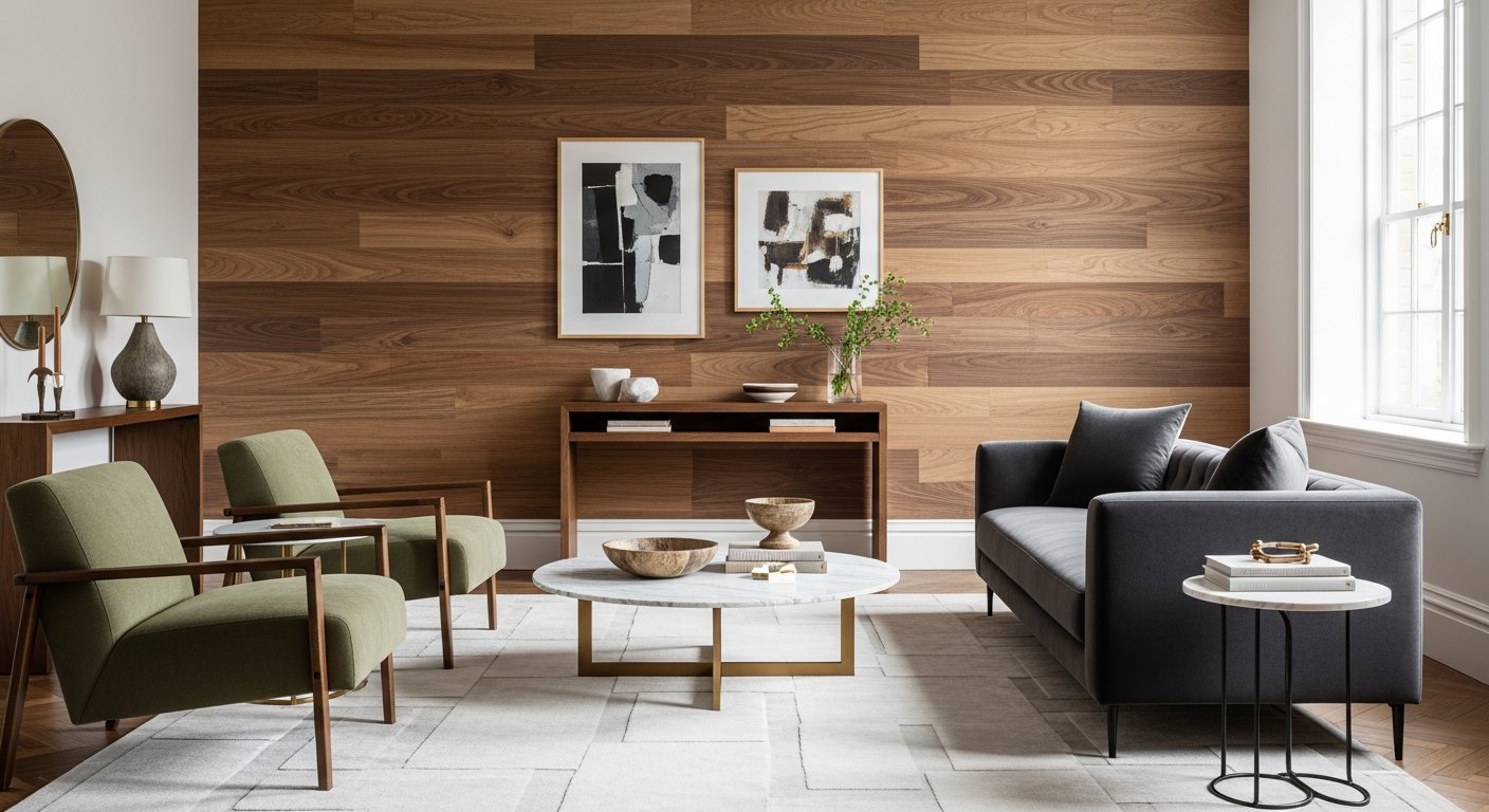 Parede com tinta com efeito madeira em sala sofisticada