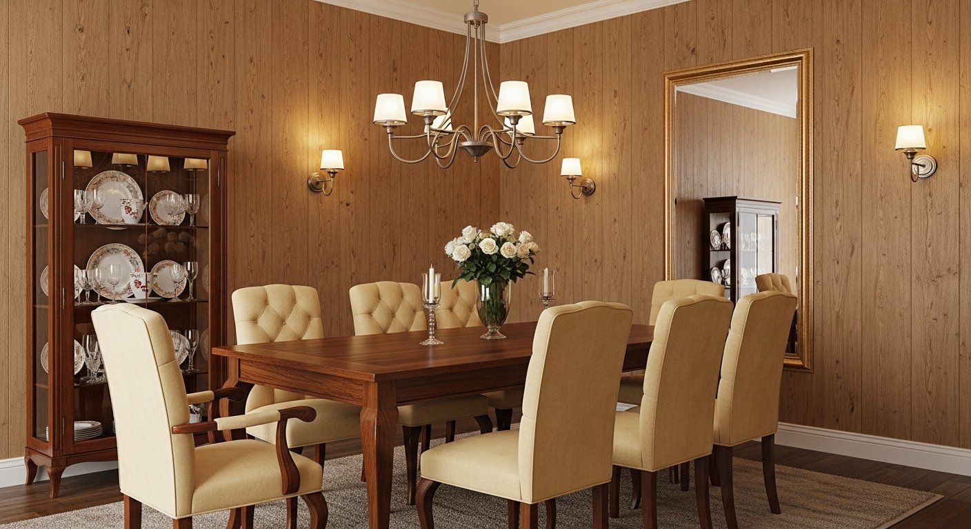 Sala de jantar com parede de efeito madeira complementando mobiliário clássico