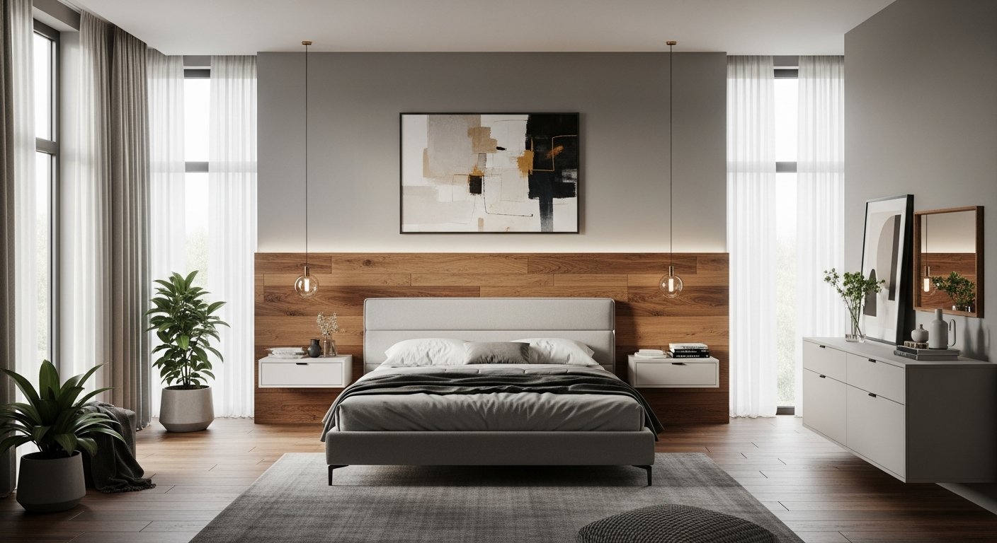 Quarto com parede de efeito madeira criando ambiente aconchegante