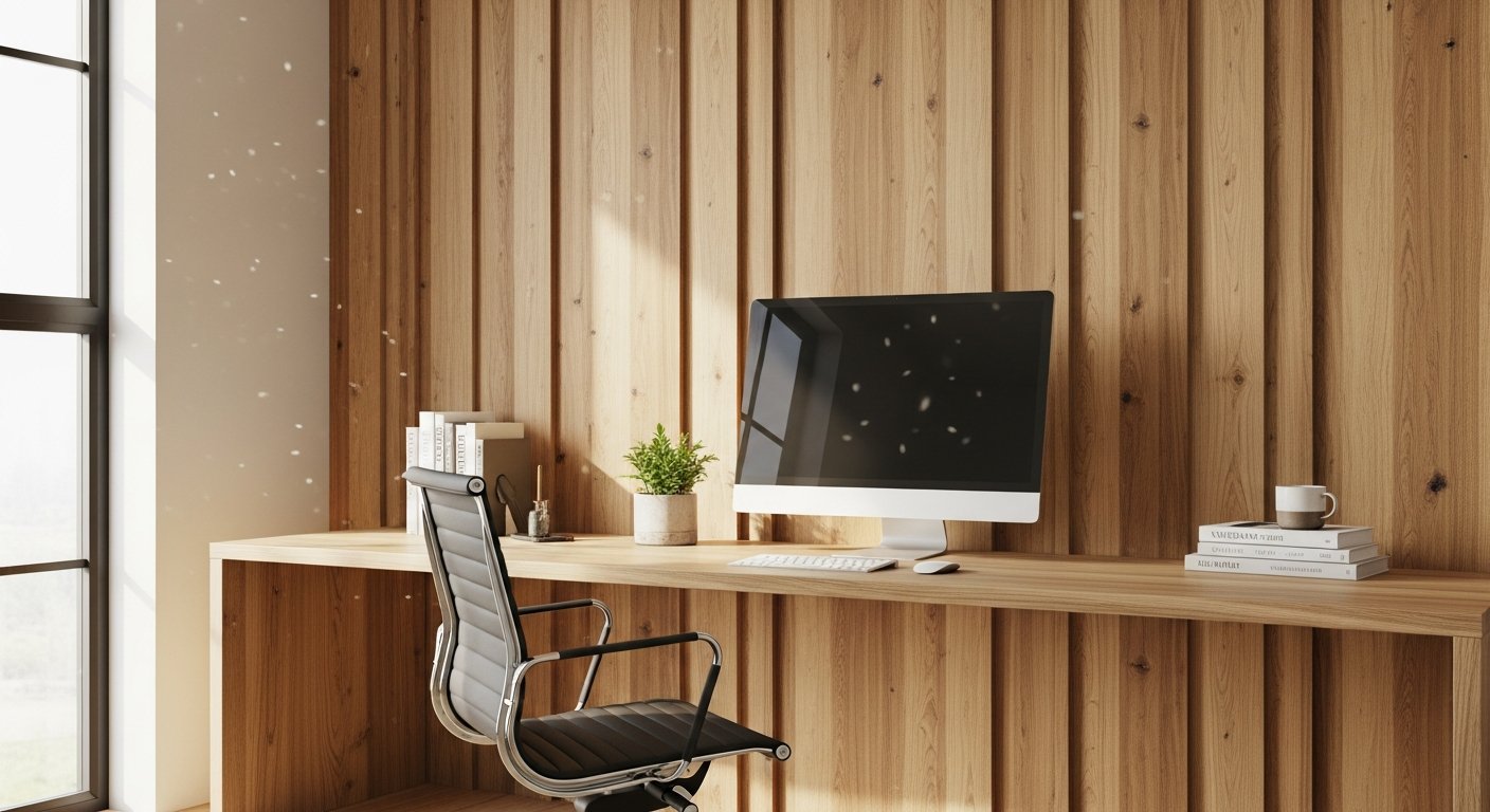 Home office com parede de efeito madeira criando ambiente profissional acolhedor