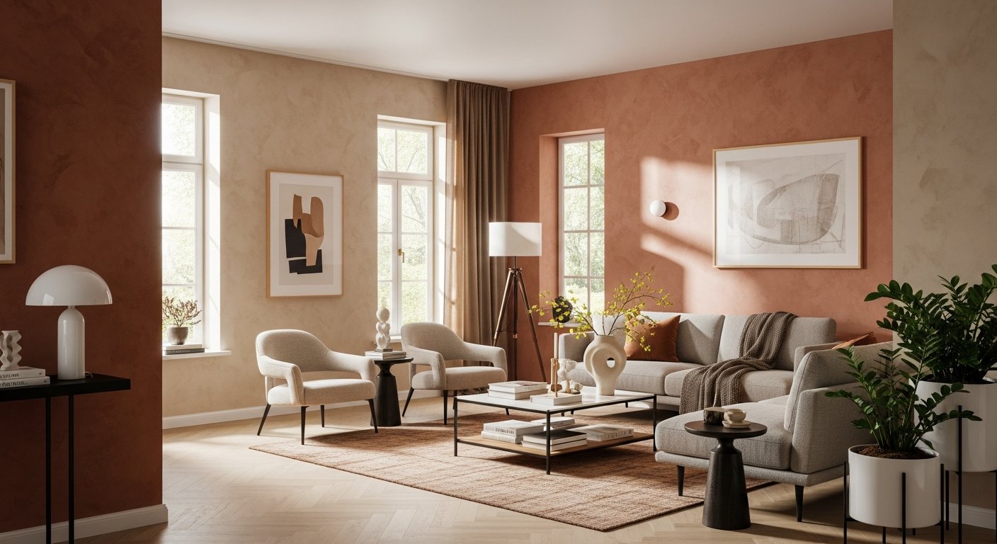 Sala de estar moderna com tintas com efeitos decorativos nas paredes