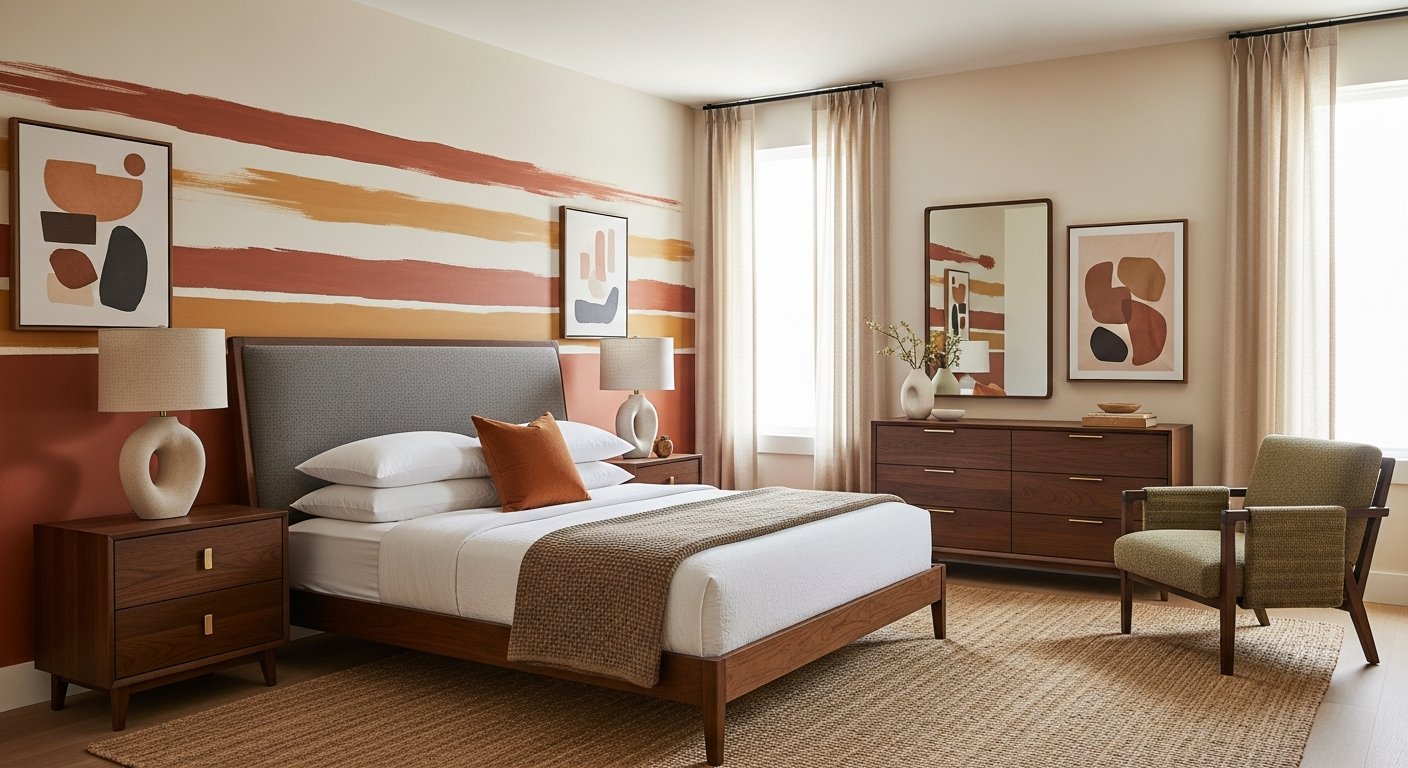 Quarto moderno com técnicas de pintura decorativa em tons terrosos
