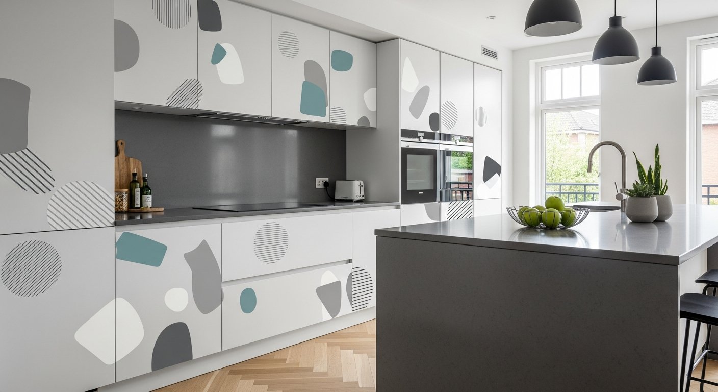 Cozinha moderna com adesivos decorativos nos armários
