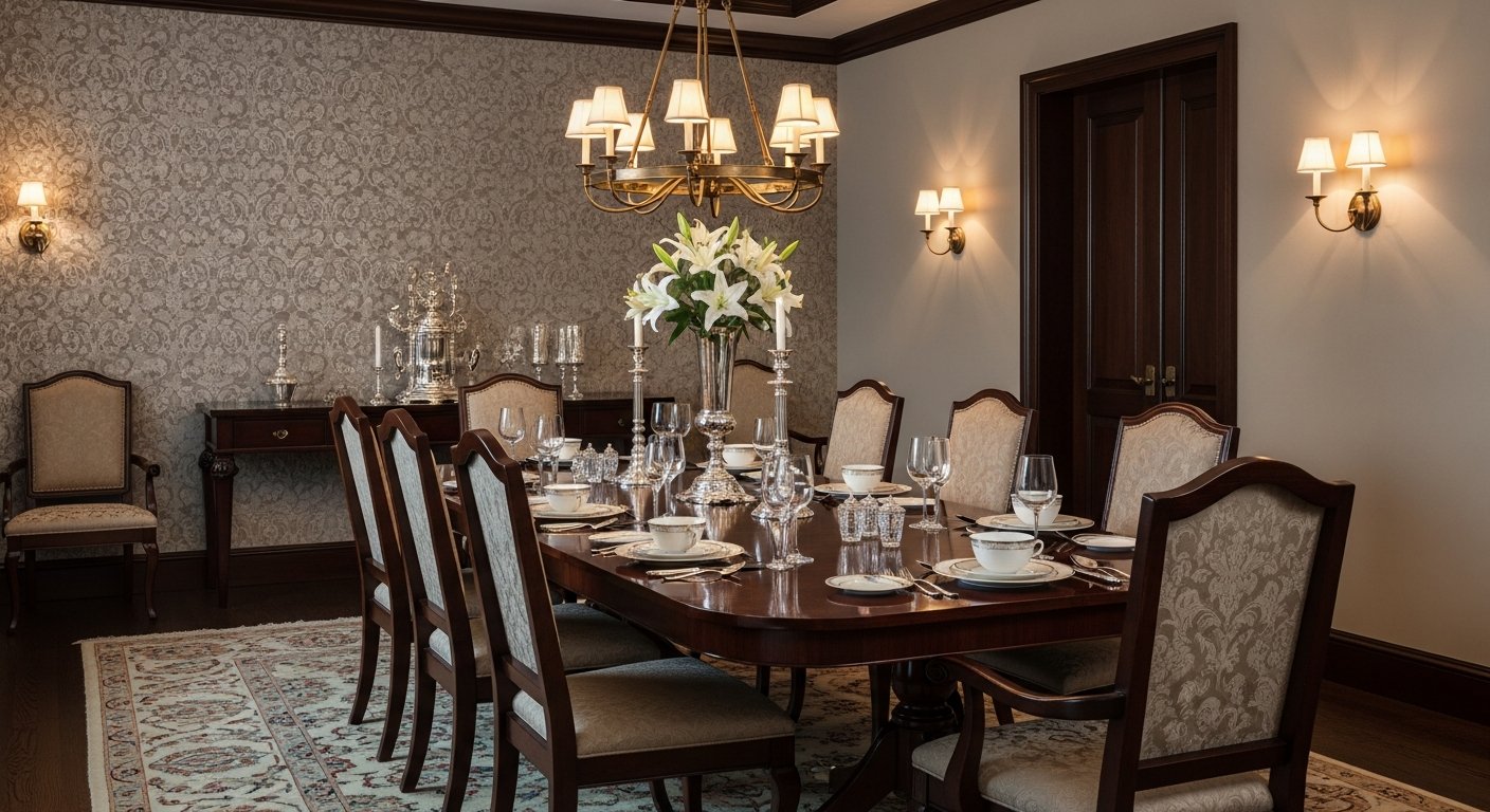 Sala de jantar sofisticada com adesivos decorativos na parede de destaque