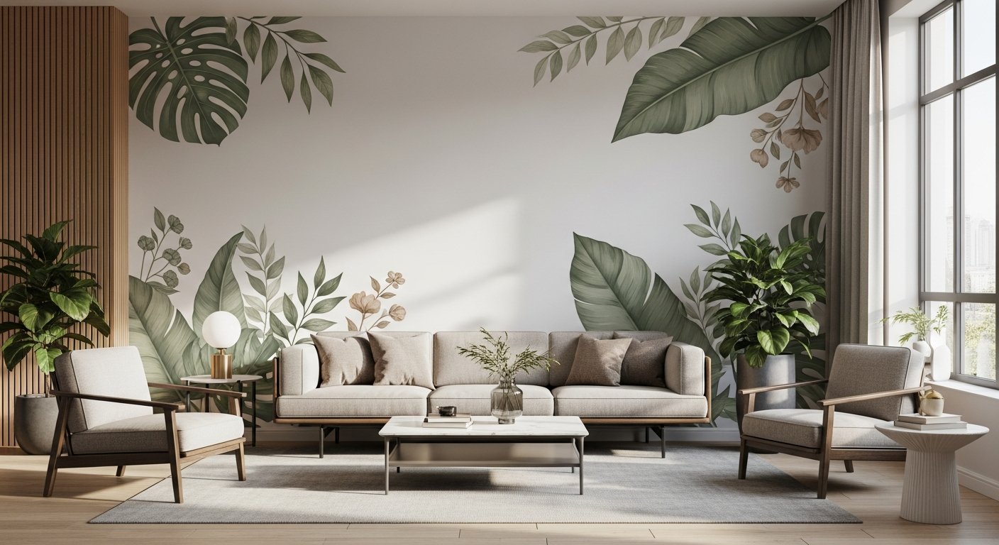 Ambiente contemporâneo com adesivos decorativos inspirados na natureza