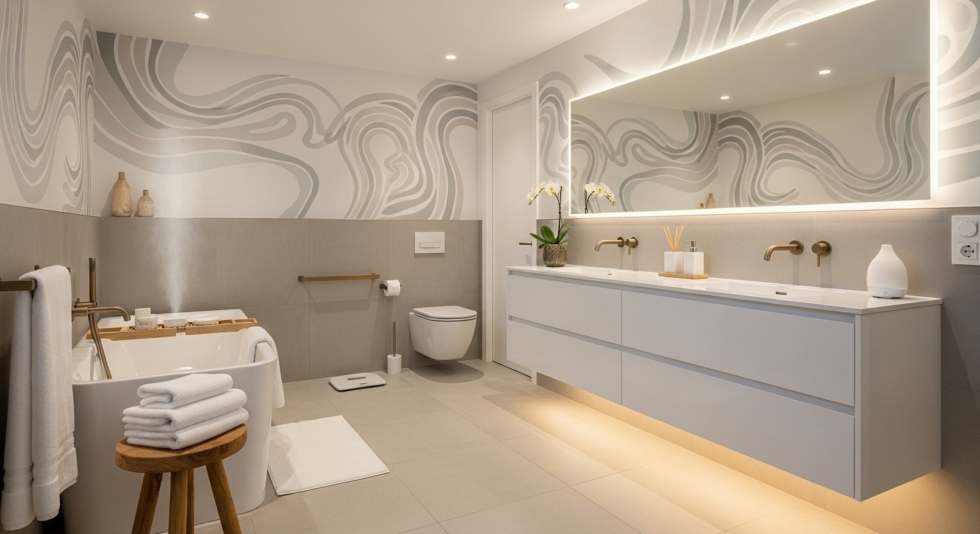 Banheiro elegante com adesivos decorativos sofisticados