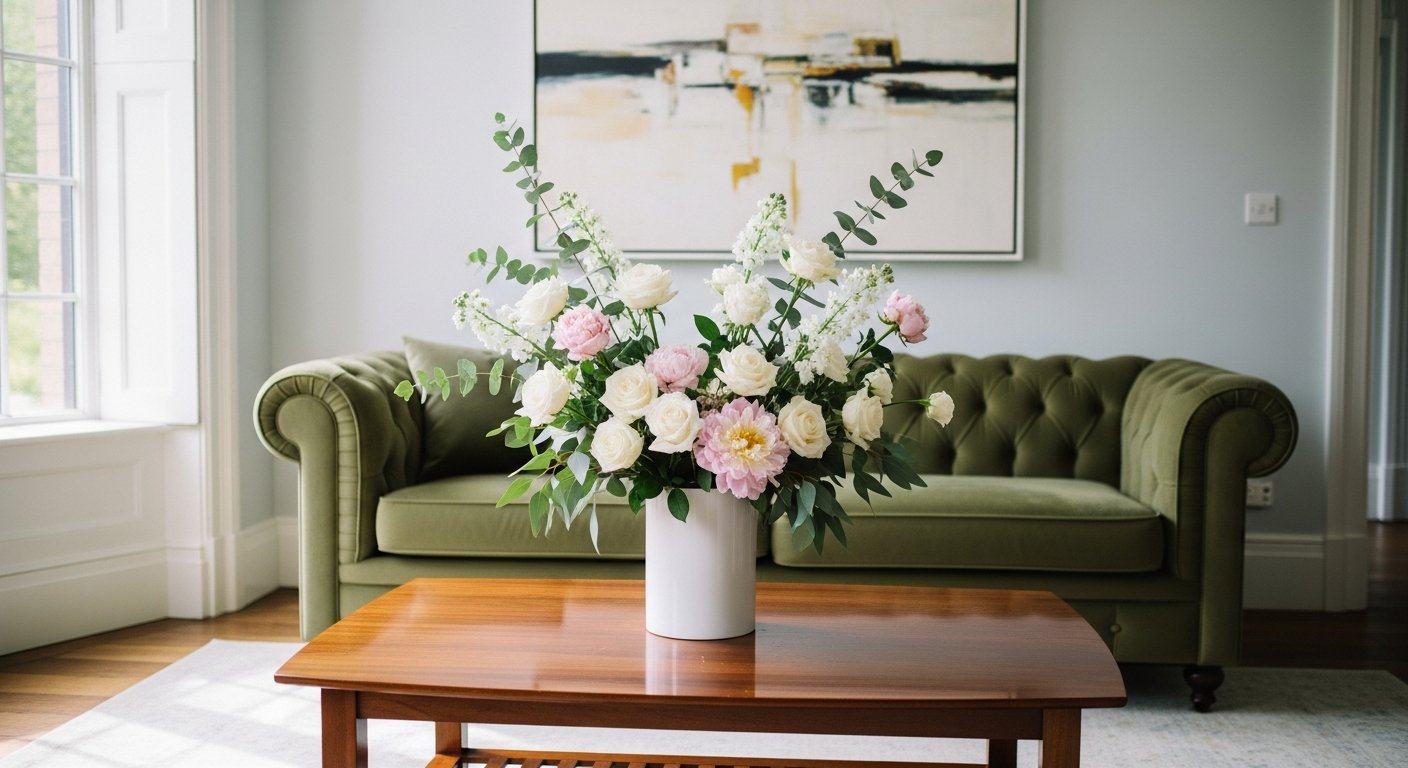Arranjos de flores decorativos em sala moderna com móveis clássicos