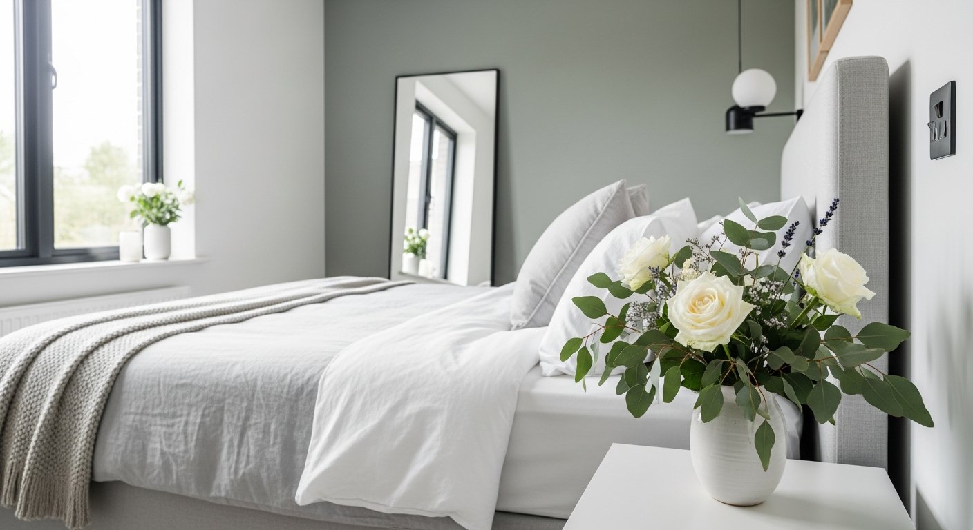 Quarto moderno com arranjos de flores decorativos delicados