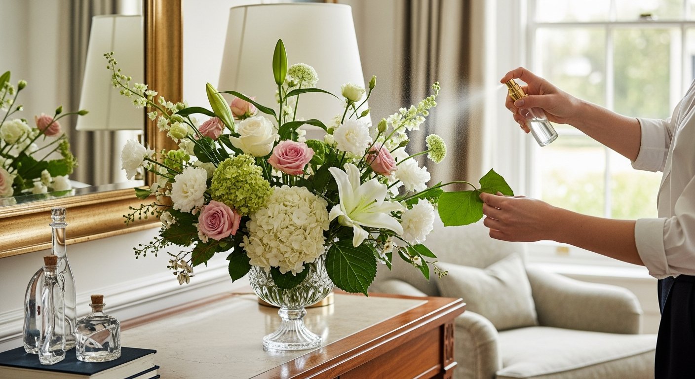 Manutenção de arranjos de flores decorativos em ambiente elegante