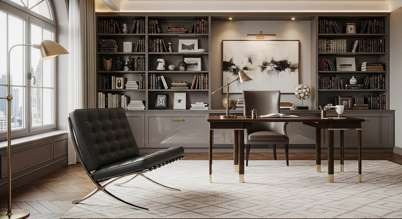 Home office luxuoso com cadeira Barcelona como investimento em design