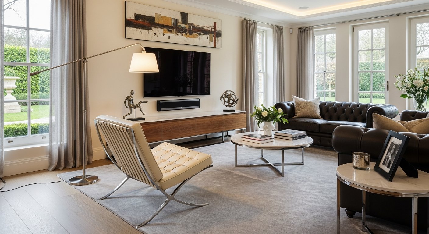 Sala elegante com cadeira Barcelona como peça central do ambiente