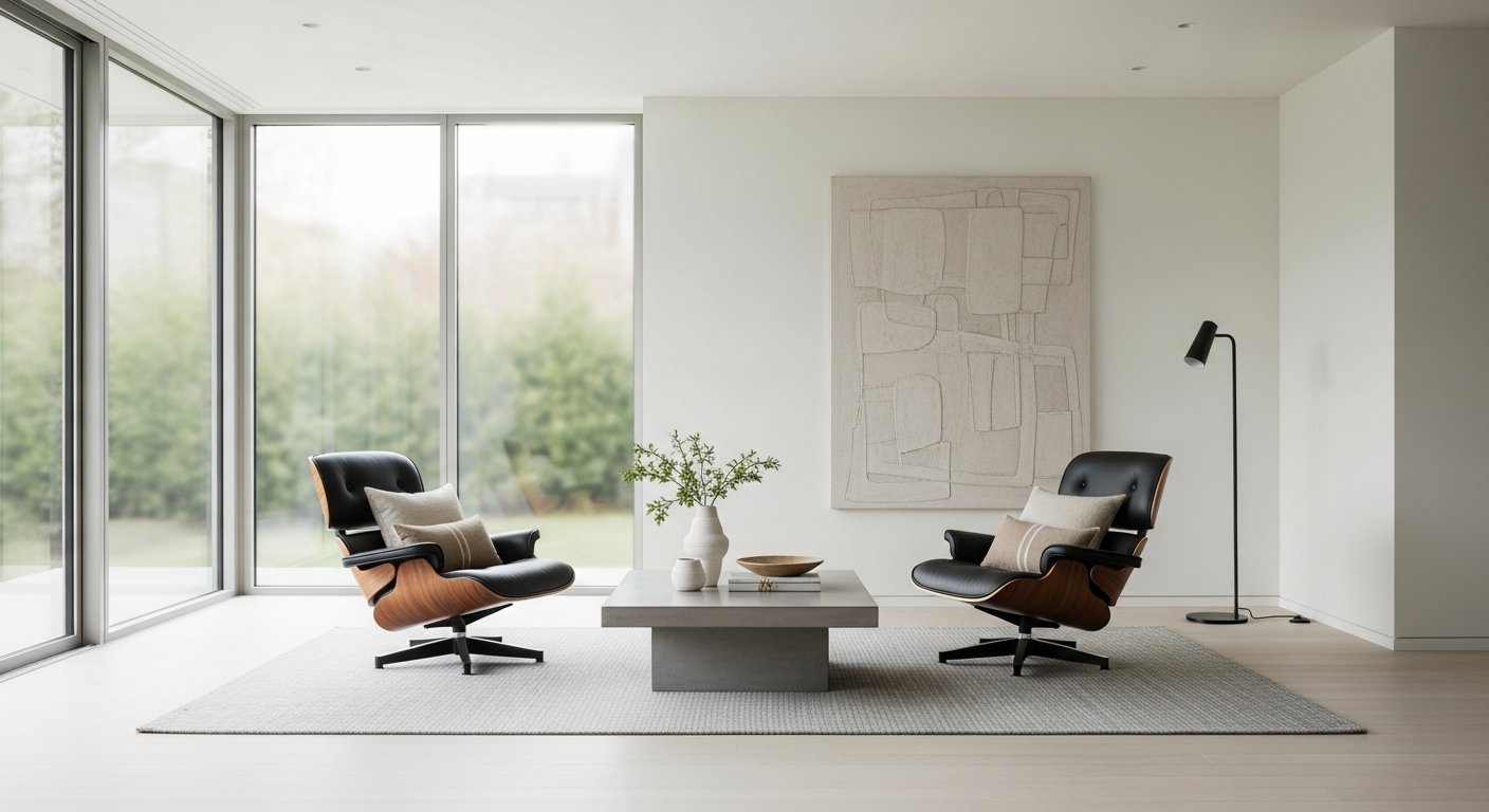 Sala de estar moderna com cadeira Charles Eames em destaque