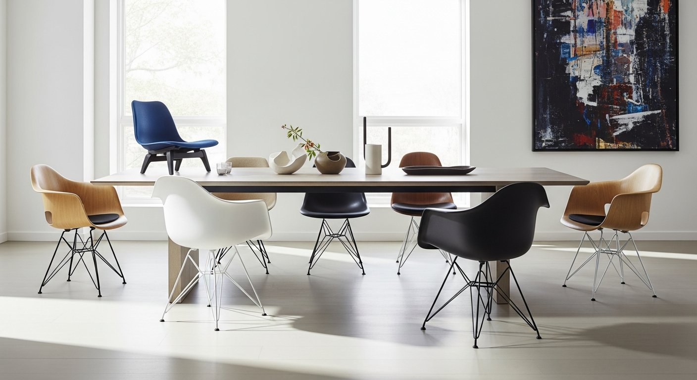 Diferentes modelos de cadeira Charles Eames em ambiente de jantar