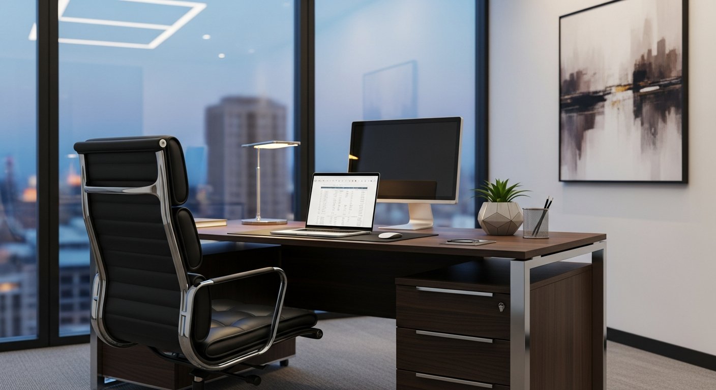 Home office sofisticado com cadeira executiva Charles Eames