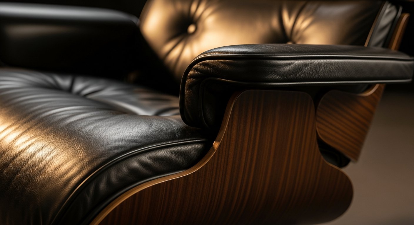 Detalhes em couro e cromo da cadeira executiva Charles Eames