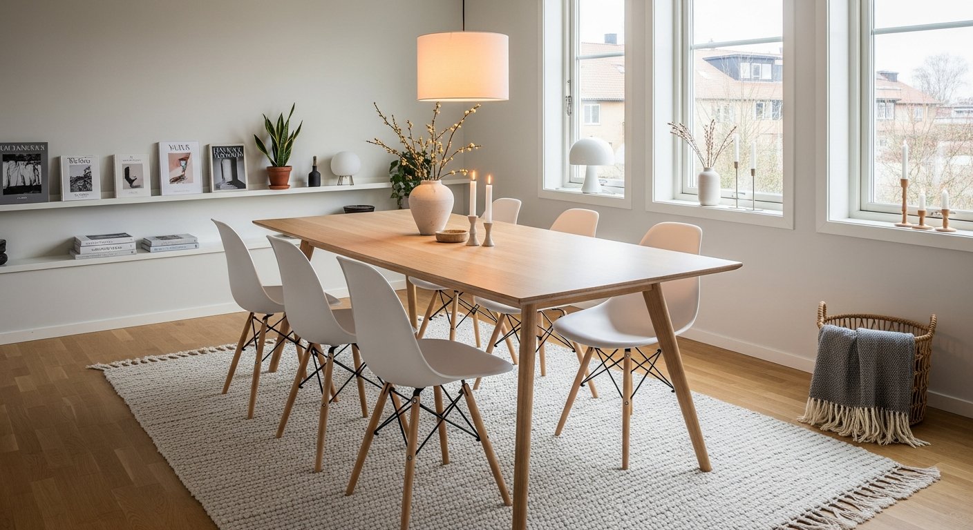 Sala de jantar escandinava com cadeiras Charles Eames brancas