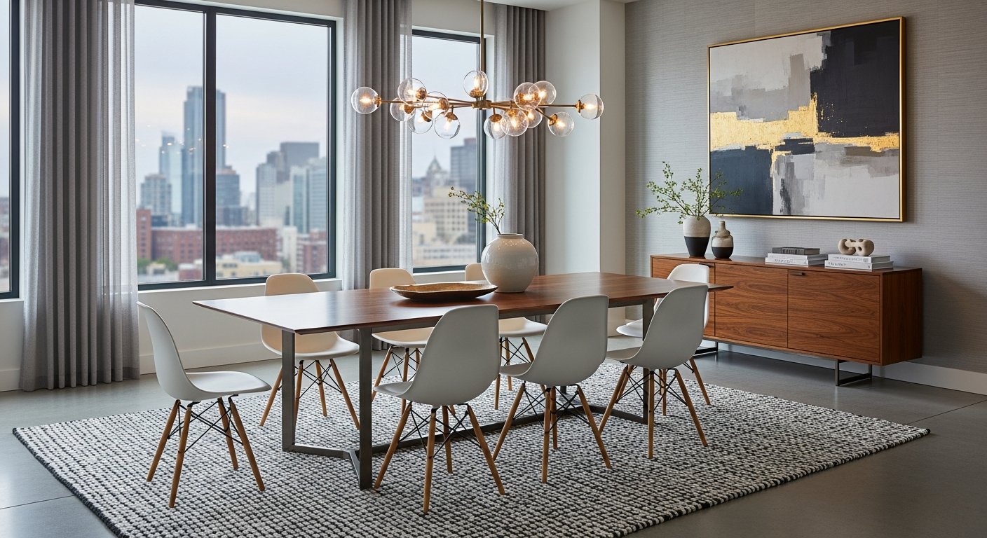 Ambiente sofisticado com cadeiras Charles Eames criando composição elegante