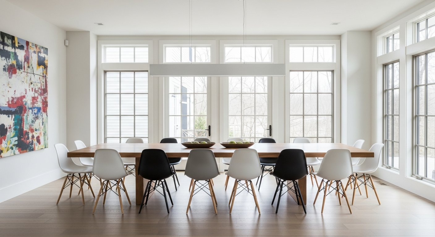 Sala de jantar moderna com cadeiras Eames Eiffel ao redor de mesa de madeira