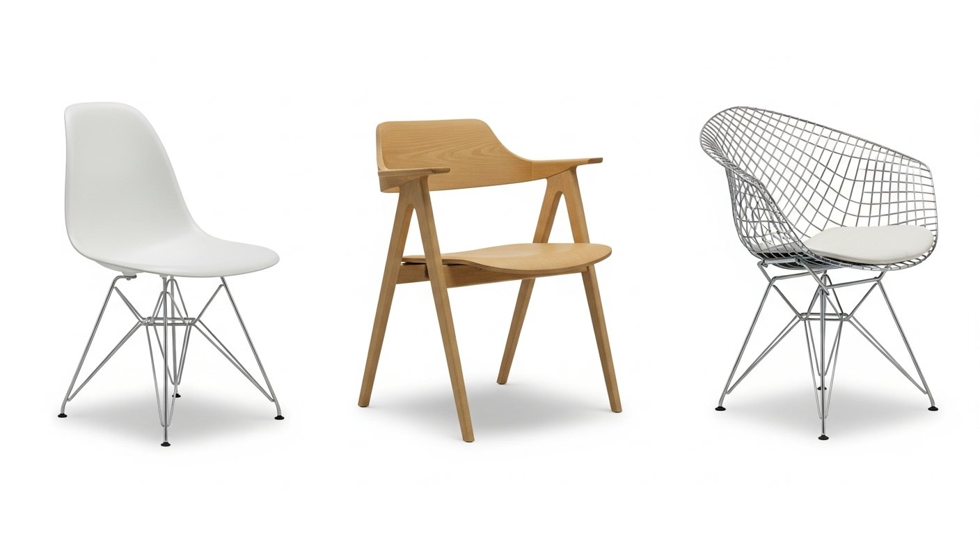 Diferentes variações da cadeira Eames Eiffel lado a lado