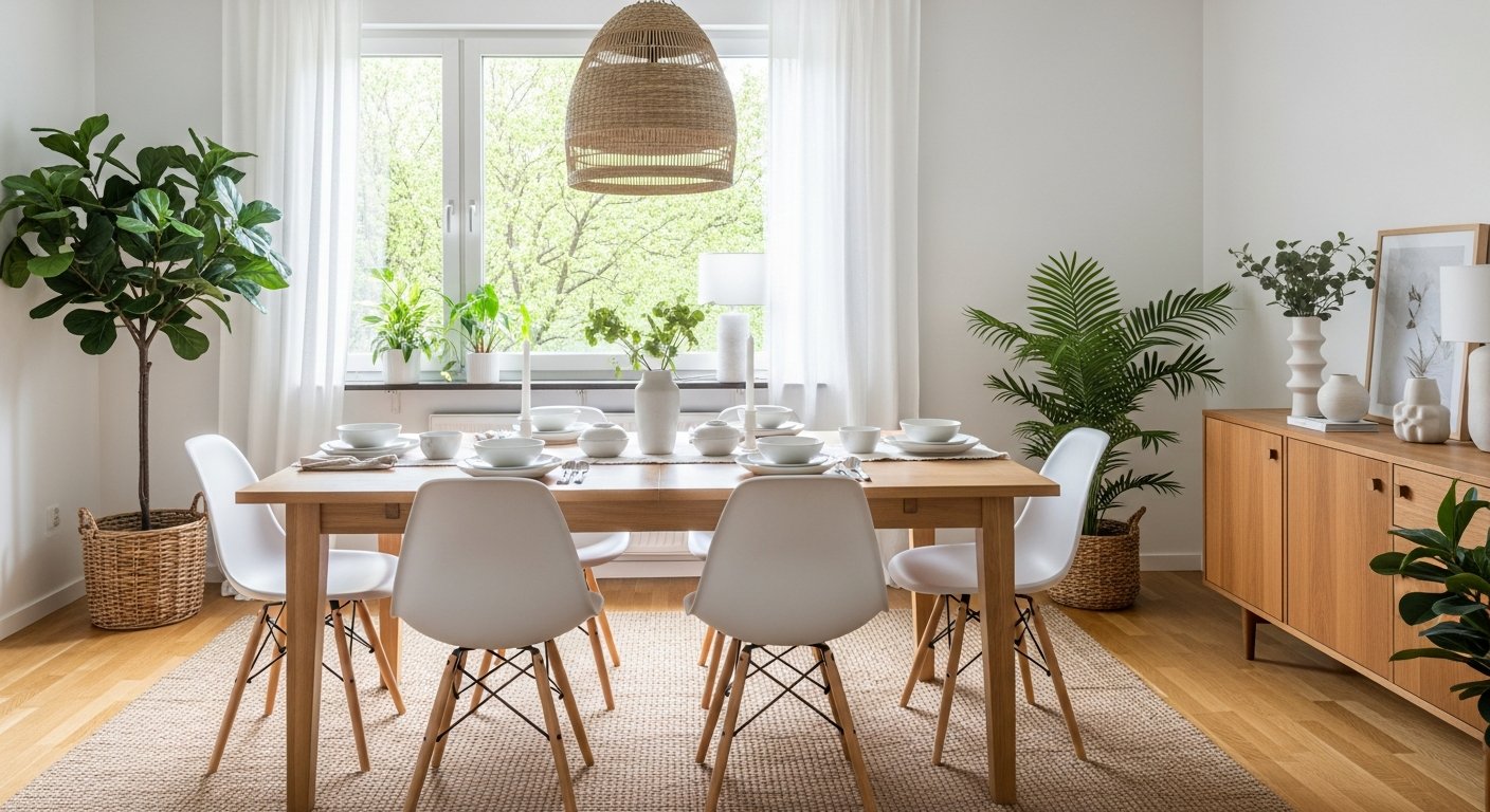 Ambiente escandinavo com cadeiras Eames Eiffel brancas
