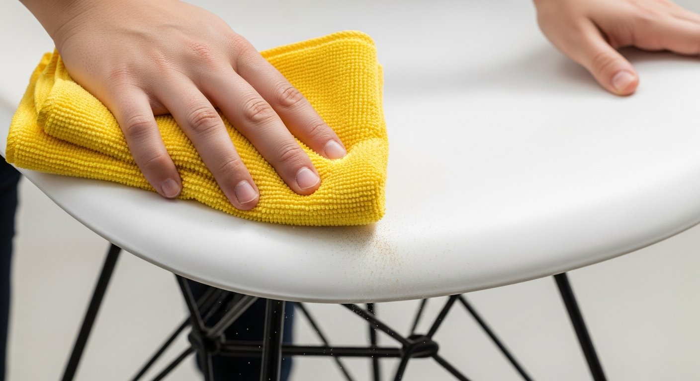 Limpeza cuidadosa da cadeira Eames Eiffel com pano de microfibra