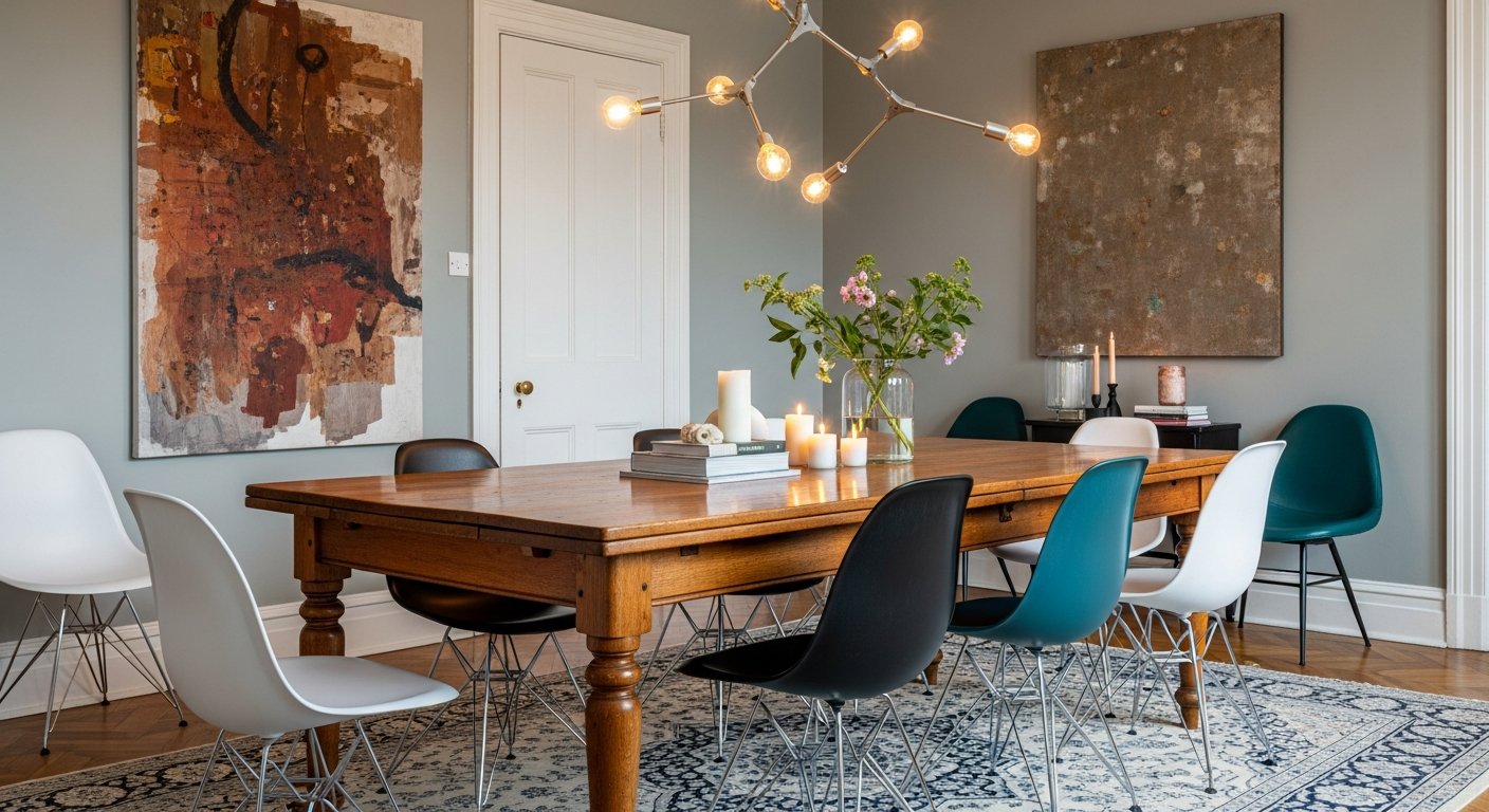 Sala de jantar eclética combinando cadeiras Eames Eiffel com mesa vintage