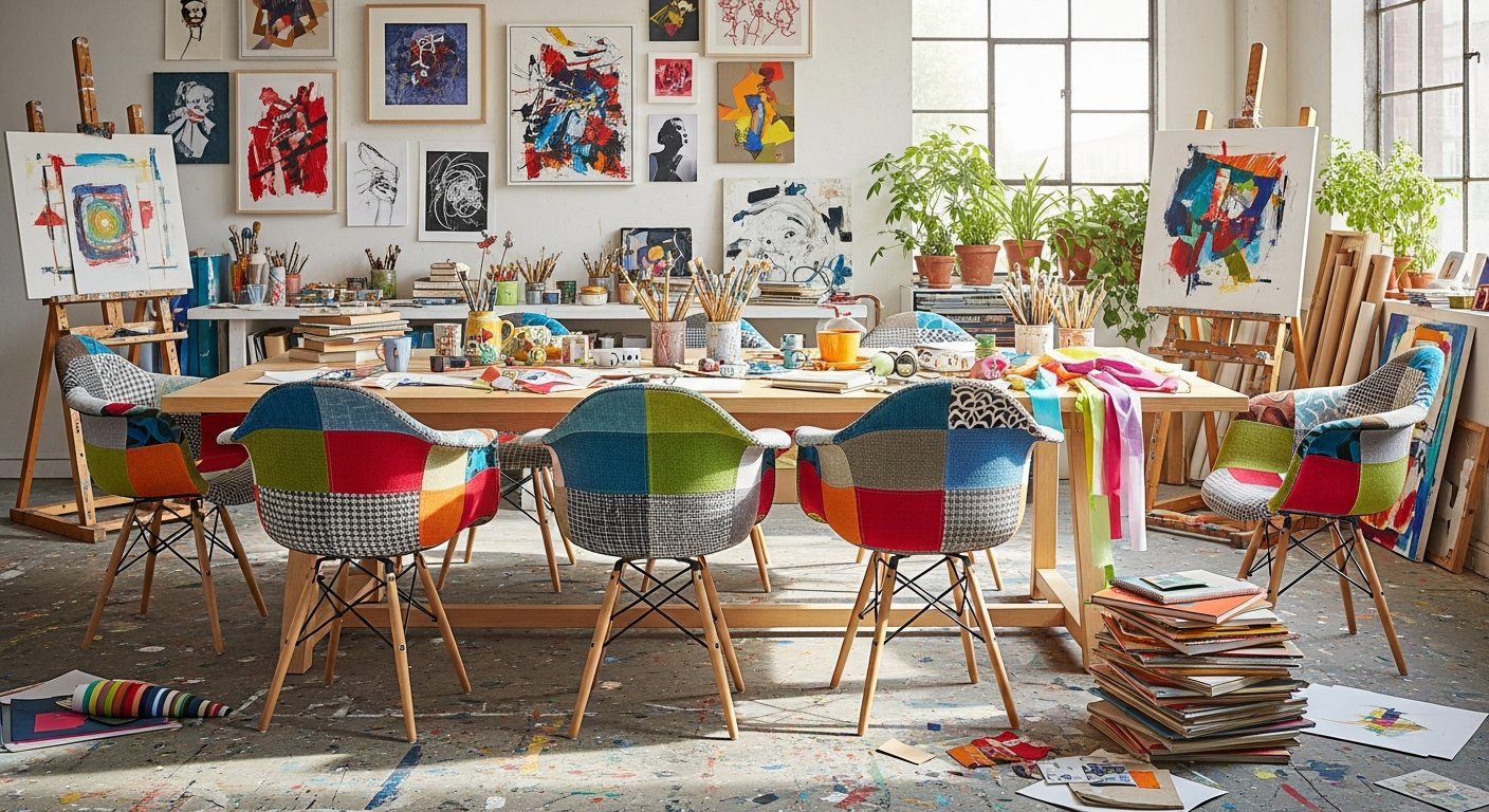 Ambiente criativo com cadeiras Eames Eiffel patchwork coloridas