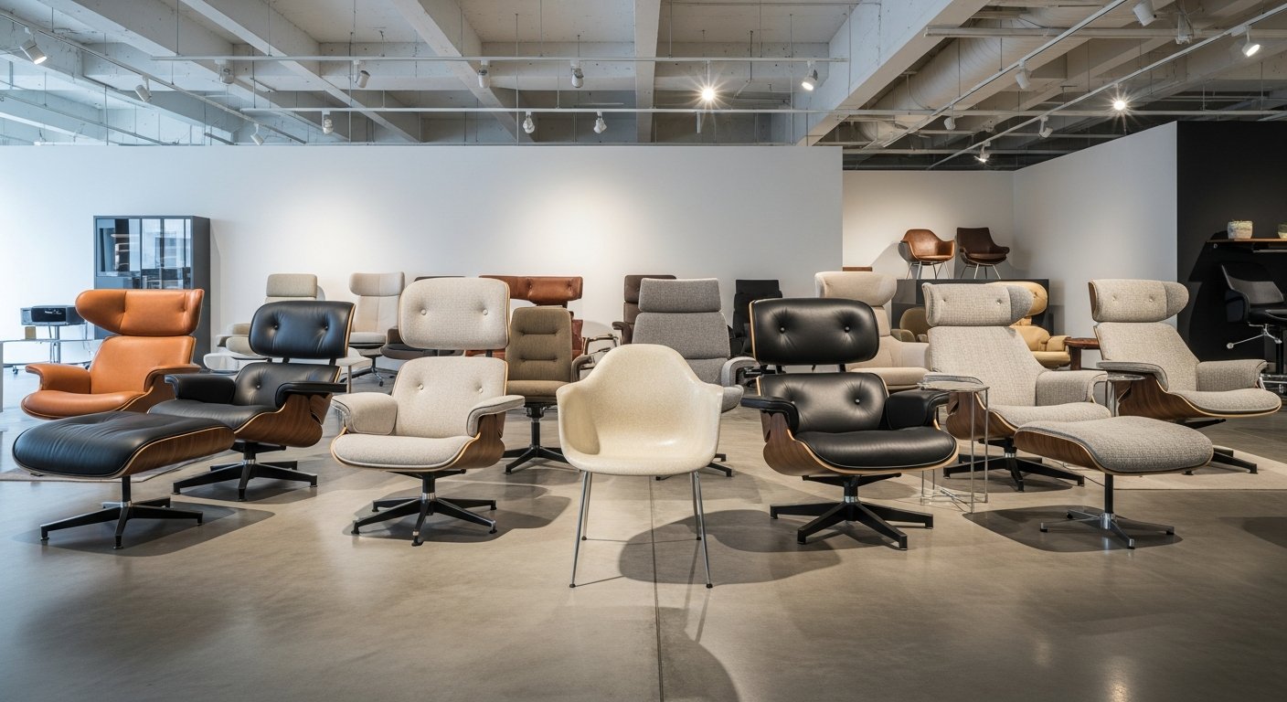 Diferentes modelos de cadeira eames estofada em exposição
