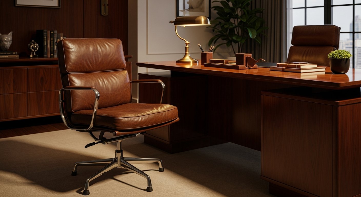Cadeira eames estofada DAR em escritório executivo