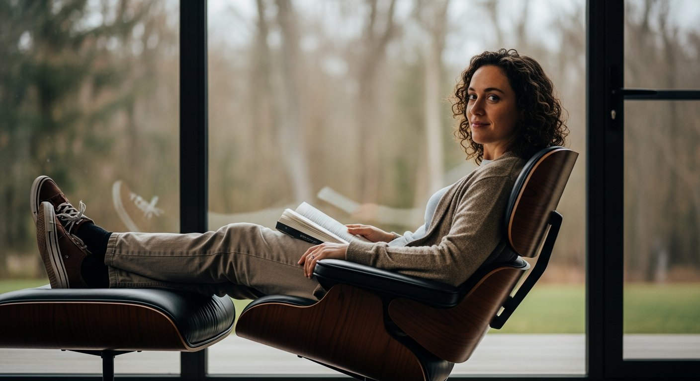 Pessoa utilizando cadeira eames estofada demonstrando conforto