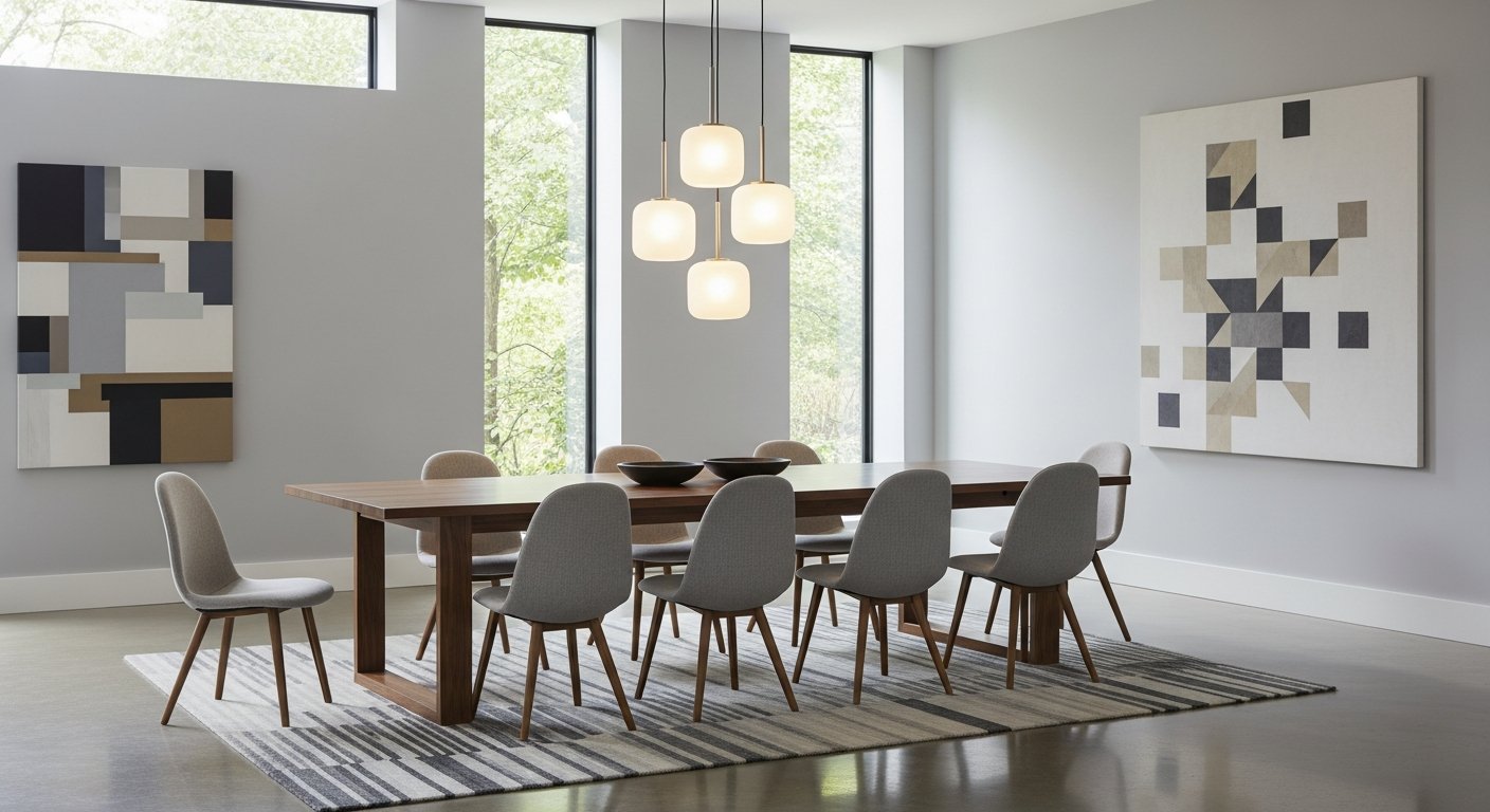 Sala de jantar com cadeiras eames estofadas ao redor de mesa de madeira