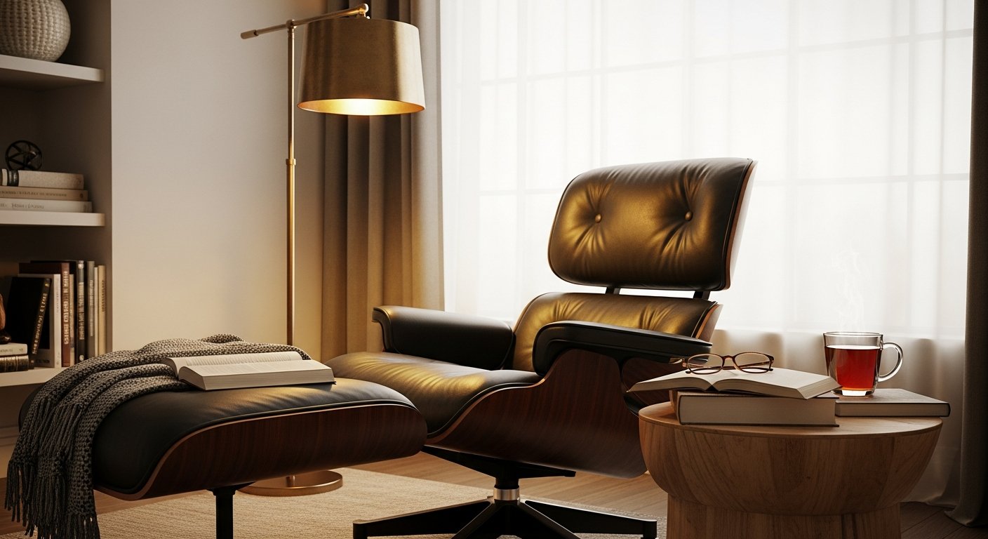 Cantinho de leitura com cadeira eames estofada, luminária e mesa lateral