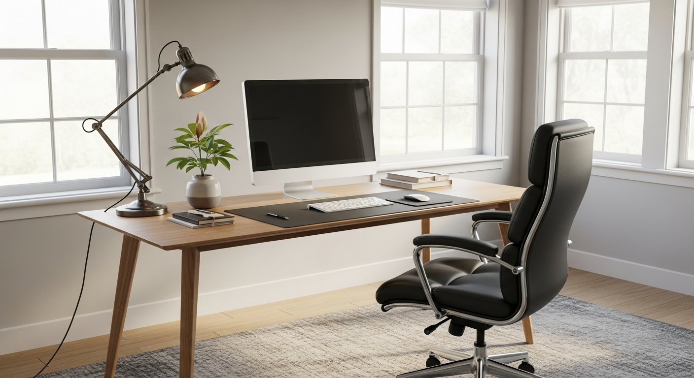 Escritório residencial com cadeira eames estofada, mesa de design e boa iluminação