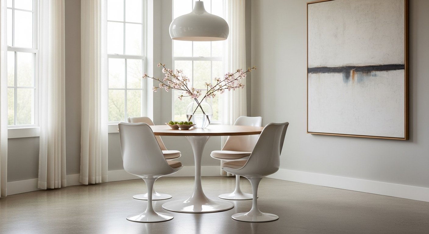 Cadeira tulipa branca em sala de jantar moderna