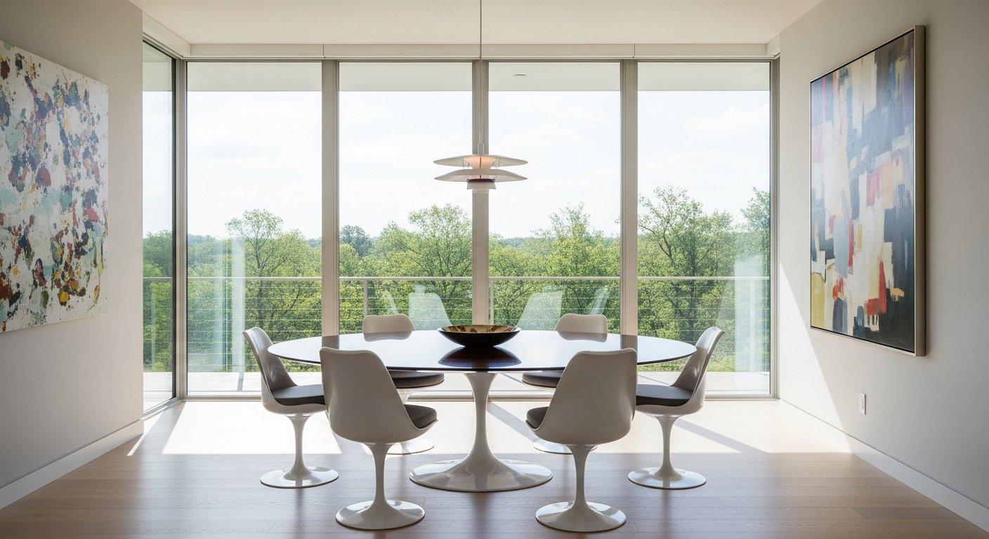 Conjunto de cadeiras tulipa em sala de jantar contemporânea